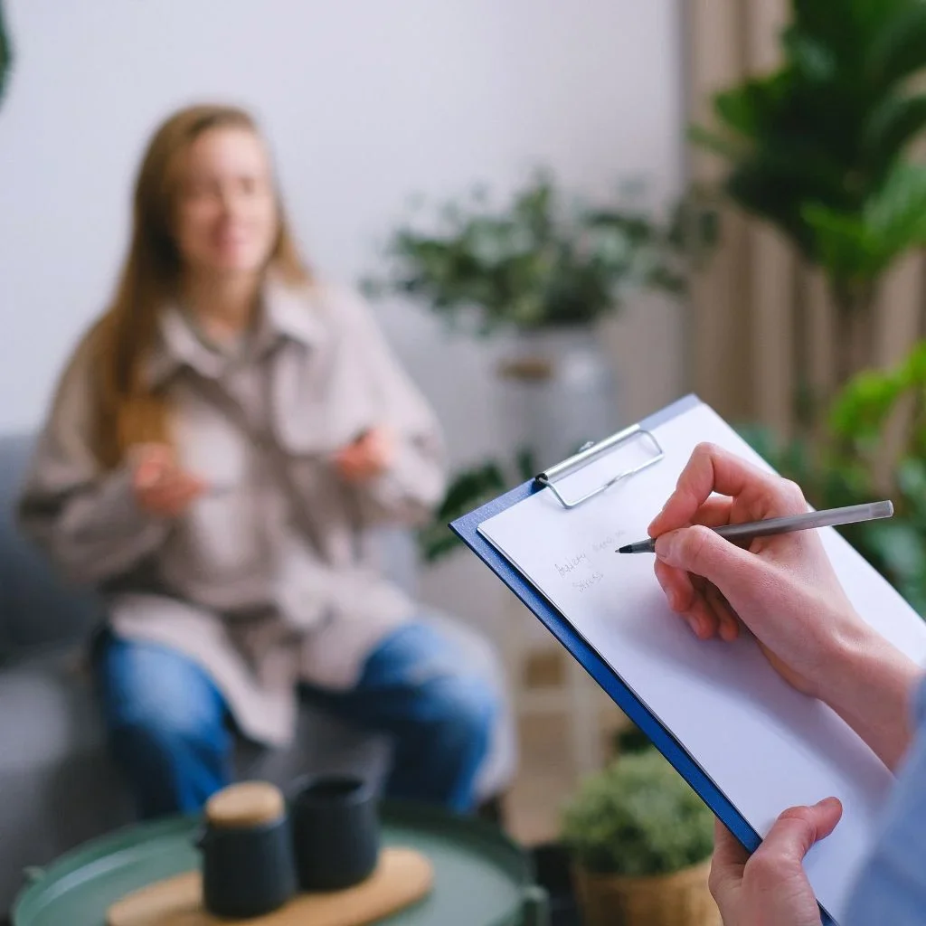 Woman receiving mental health evaluation